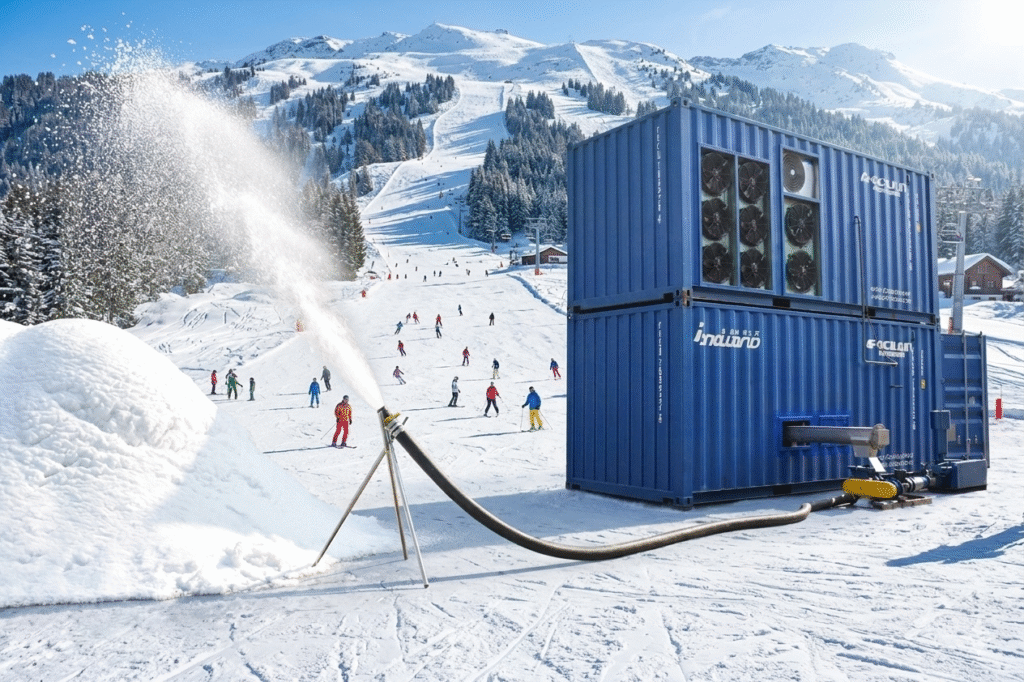 Energy-efficient high-temperature snow making machine by Focusun capable of producing real, dry snow in ambient temperatures up to 35°C.