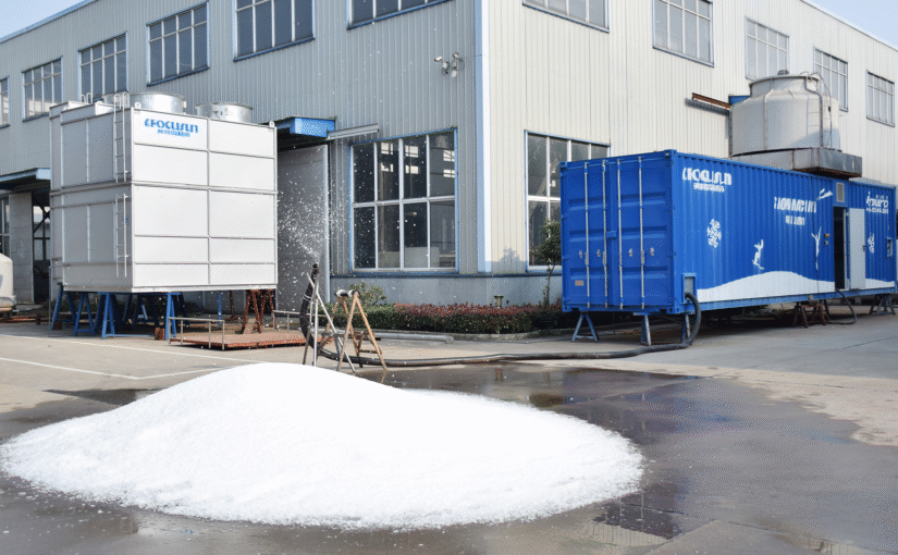 Industrial snow making system showing integrated refrigeration and snow production technology