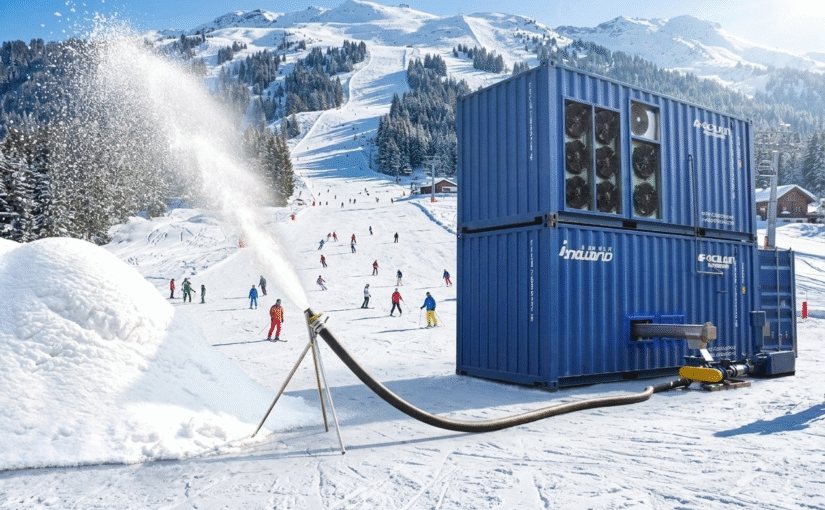 Energy-efficient high-temperature snow making machine by Focusun capable of producing real, dry snow in ambient temperatures up to 35°C.